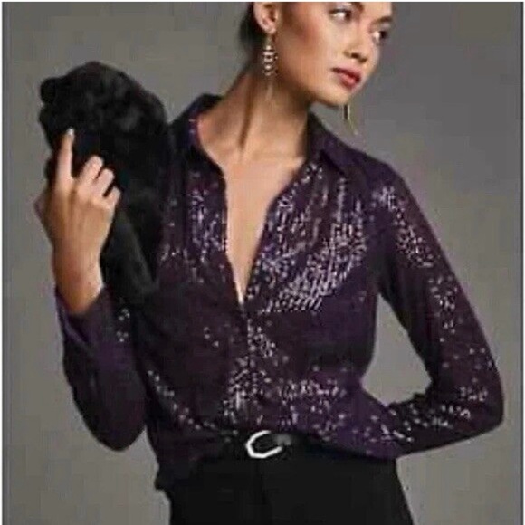 Anthropologie Tops - Anthropologie Sunday In Brooklyn Womens Top Button Up Blouse Purple Sequin Sz. L